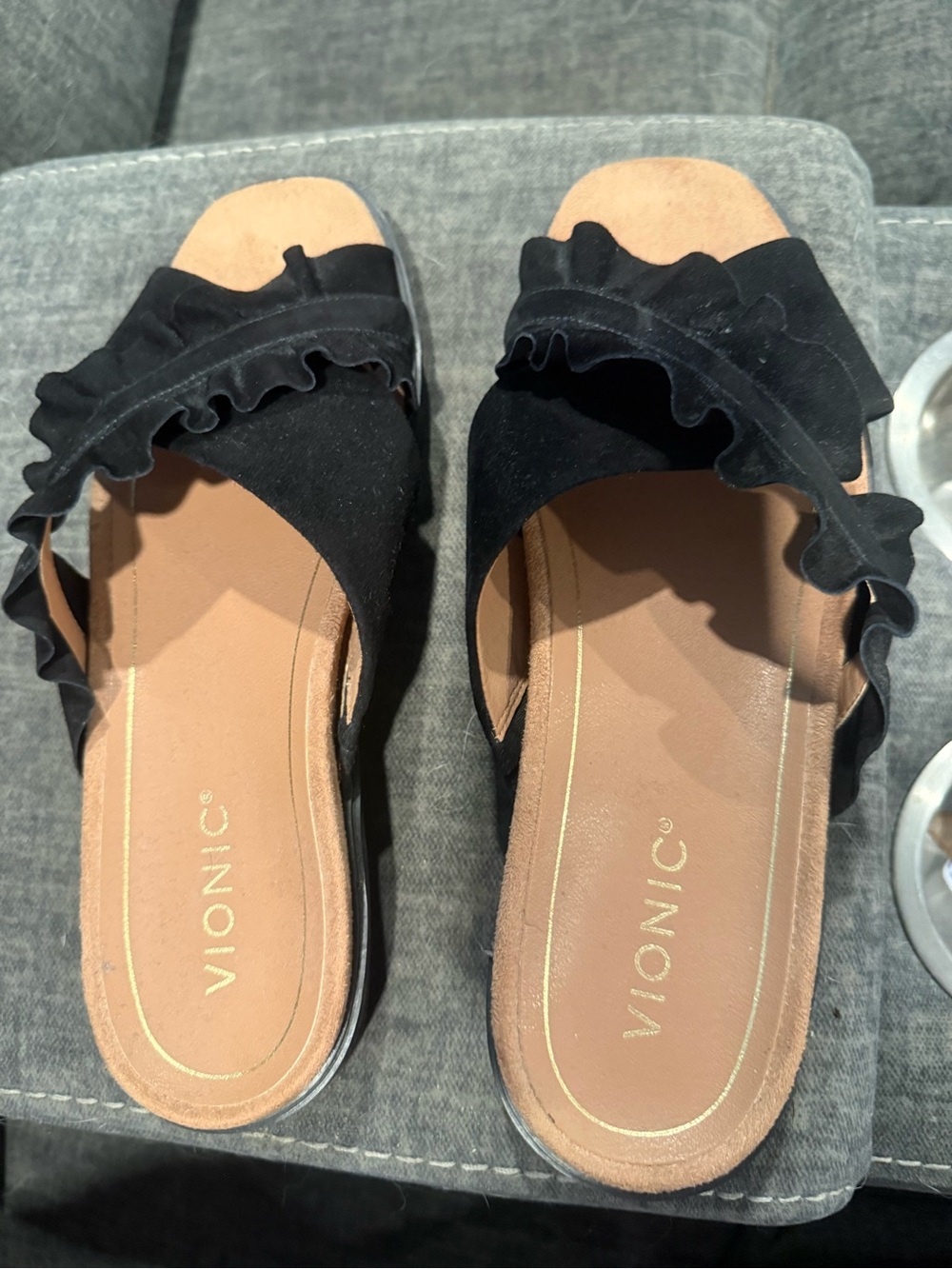 Vionic Black Ruffle Slide Mules